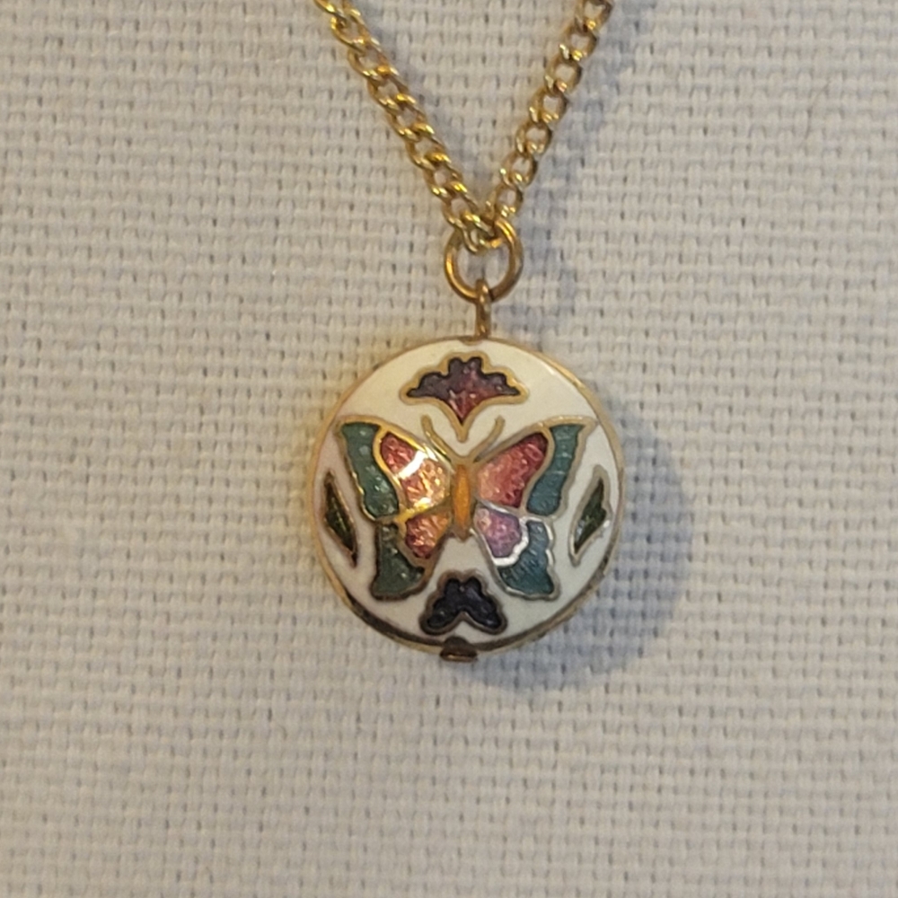 Petite vintage double sided butterfly Cloisonne necklace